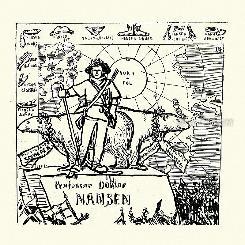 探险家Fridtjof Nansen的素描，从Fridtjof Nansen返回，青年风格，新艺术运动，德国1890年代